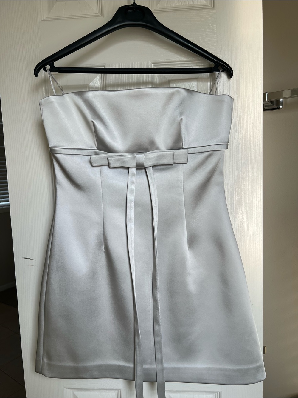 Strapless Silver Satin Mini Dress